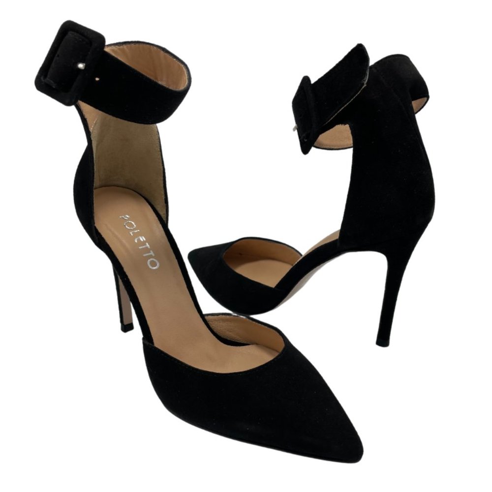 Poletto Black Suede Ankle Strap Pump